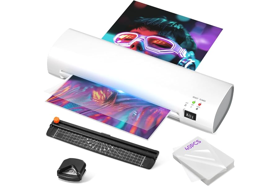 9 Inch Portable Laminator Machine with 40 Laminating Sheets and Trimmer | A4 Cold & Thermal Laminator, Laminating Machine with ABS Jam-Release for Home, Office, School, Business white