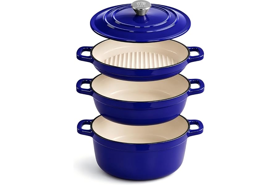 AHJ Cast Iron Dutch Oven Set - 4 Piece Nesting Enameled Cookware with Lid | 4.8Qt 2.6Qt 1.3Qt Enameled Cast Iron Cookware Set