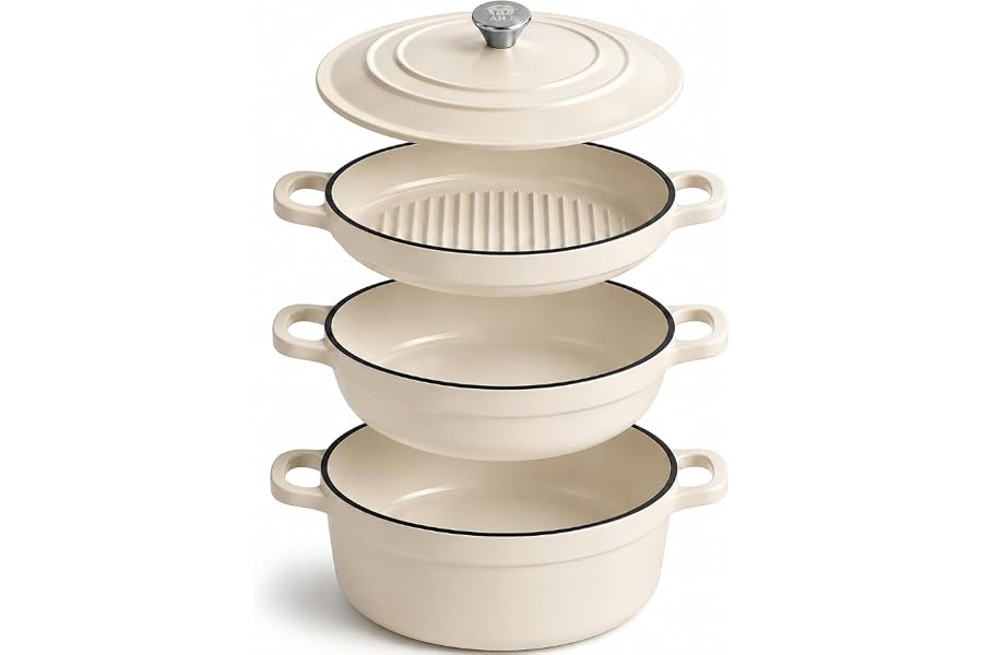 AHJ Enameled Cast Iron Dutch Oven Set - 4 Piece Cookware Set with Lids | 4.8Qt, 2.6Qt and 1.3Qt Dutch Ovens, Stackable Cast Iron Pots and Pans Sets for Bread Baking, Slow Cooking and Roasting, White