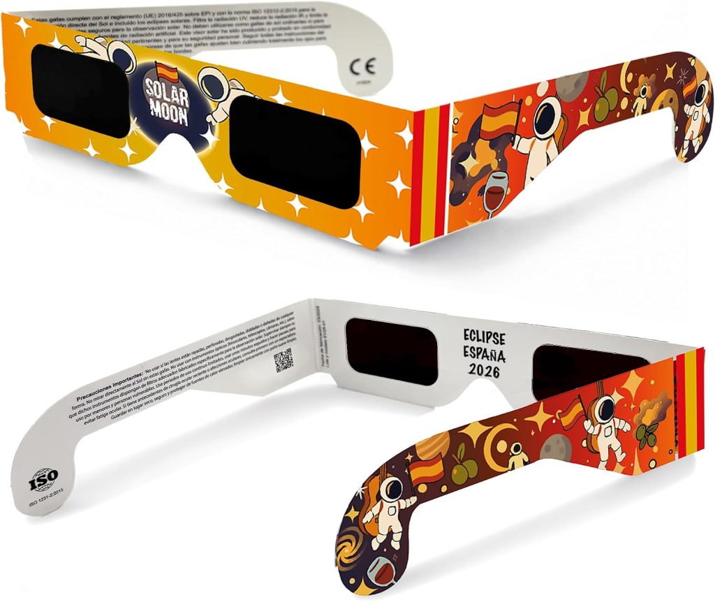ASTROLUM Gafas Eclipse Solar homologadas ISO 12312-2:2015 y certificadas CE para observar eclipses con máxima seguridad. Cumplen normativa UE 2016/425. Fabricante español. (Azul) (Rojo)