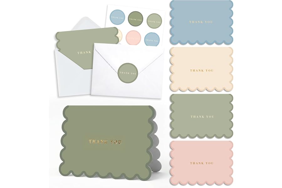 AUDREE Thank You Cards with Envelopes, Scalloped Gold Foil 50 Pack 3.5x5 | Elegant Greeting Notes with Matching Adhesive Envelopes - Perfect for Wedding, Bridal & Baby Showers, All Occasion