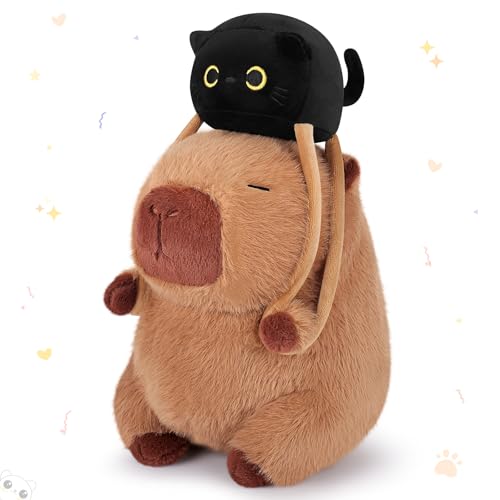 Achwishap Brown Capybara Stuffed Animals with Black Cat Backpack Plushies