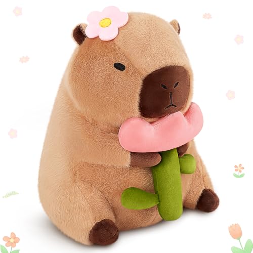 Achwishap Capybara Plush, 12” Brown Capybara Stuffed Animals Holding Flower