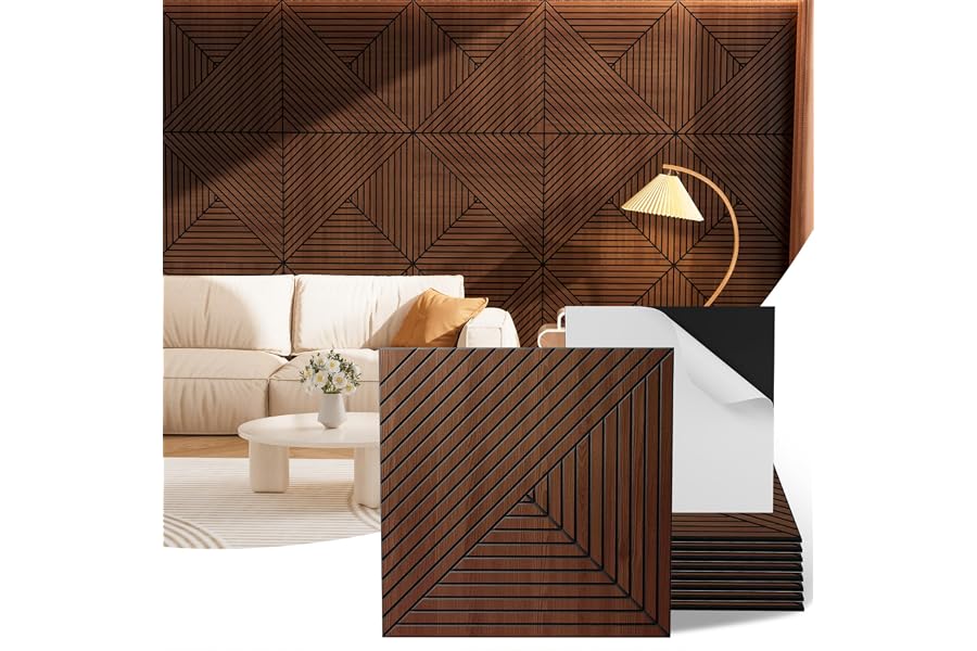 Acoustic Wall Panels, 8 Piece 23.62"X 23.62" PVC Peel and Stick Wall Panels | High-Density Polyester Fiber Self Adhesive Soundproofing for Interior Wall Décor, Recording Studios, Walnut