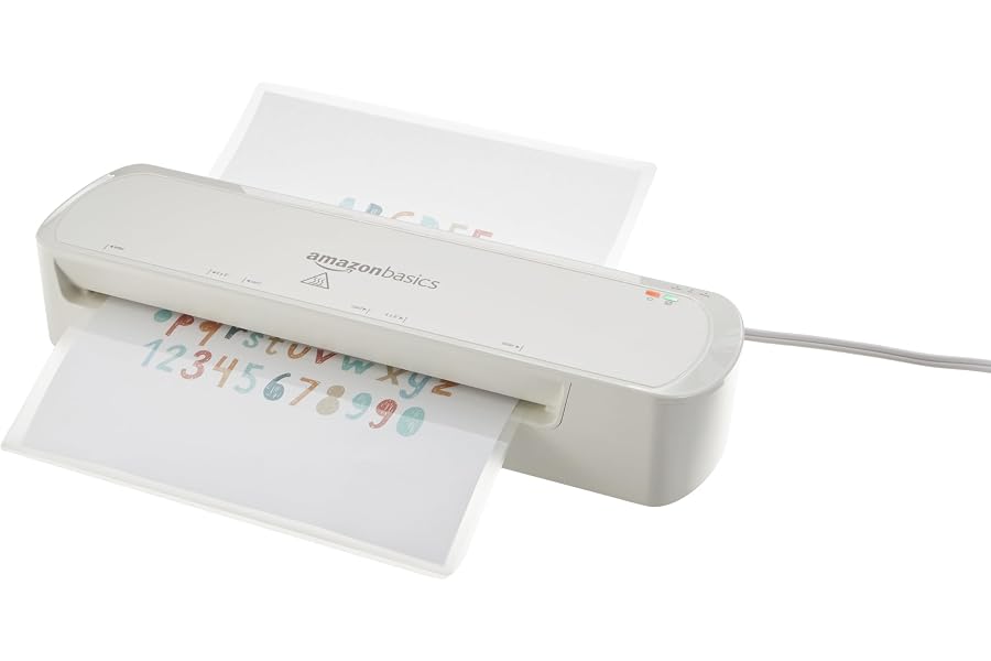 Amazon Basics 9-Inch Thermal Laminator Machine with Quick Warm-Up, 2 Heat Settings, Jam Release for Documents and Photos, White