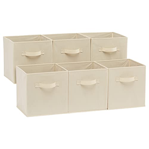 Amazon Basics Collapsible Fabric Storage Cubes Organizer with Handles, Sturdy Storage Bins for Organization, 10.5" x 10.5" x 11", Beige, 6-Pack