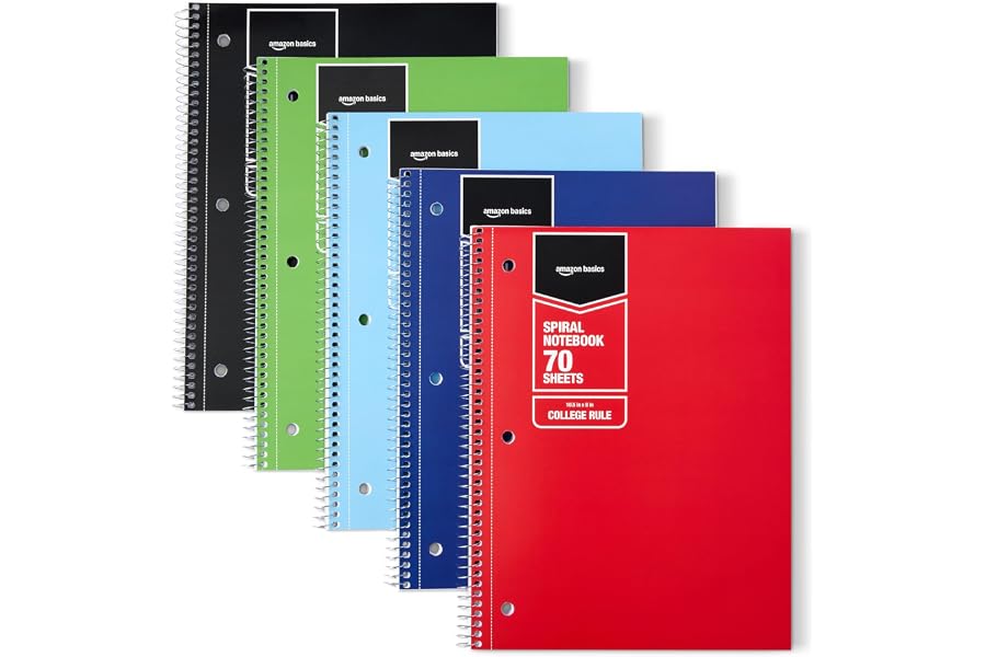 Amazon Basics College Ruled Spiral Notebook, For Work and School, 70 Sheets, 8" x 10.5", Assorted Solid Colors, 5 pack