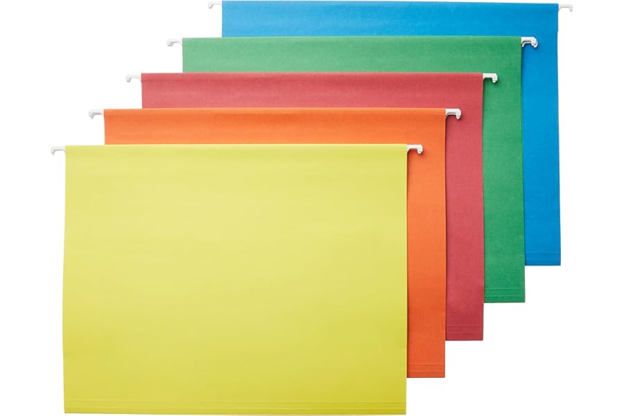 Amazon Basics Hanging File Folders with Adjustable Tabs, Sturdy Expandable Document Organizer, Letter Size, Assorted Colors, 25-Pack