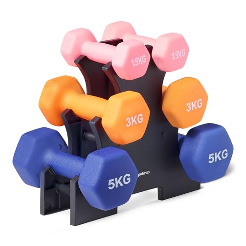 Amazon Basics Neoprene Dumbbell Weights Set with Stand, 1.5, 3, 5 kg Pairs