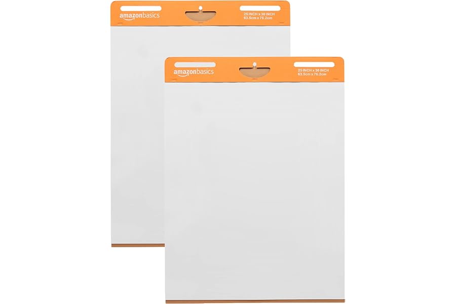 Amazon Basics Sticky Easel Pads for Presentations, Brainstorming, Classroom Use, Bleed-Resistant, Easy to Hang, 25 x 30 in, White, 2-Pack