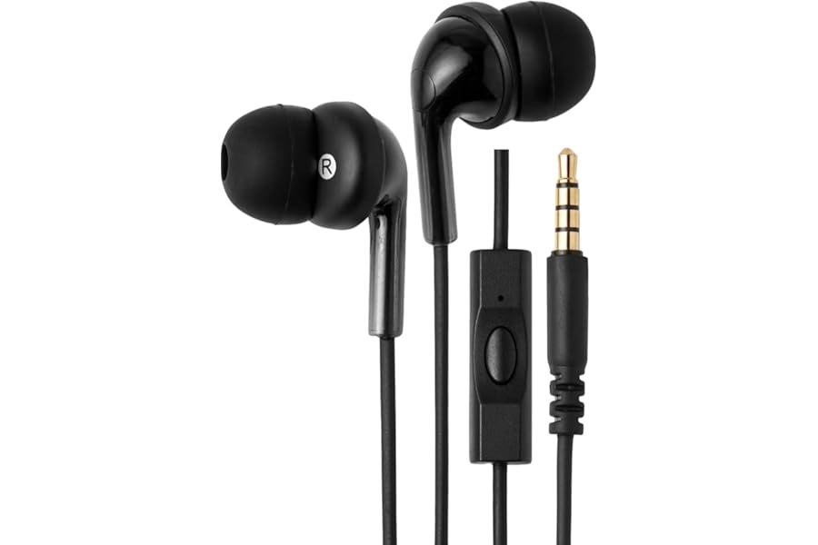 Amazon Basics Wired Earbuds with Microphone, In-Ear Headphones, 3.5mm Jack, High Definition Sound, Secure Fit, 4.2 ft Cable, S/M/L Ear Tips, Black
