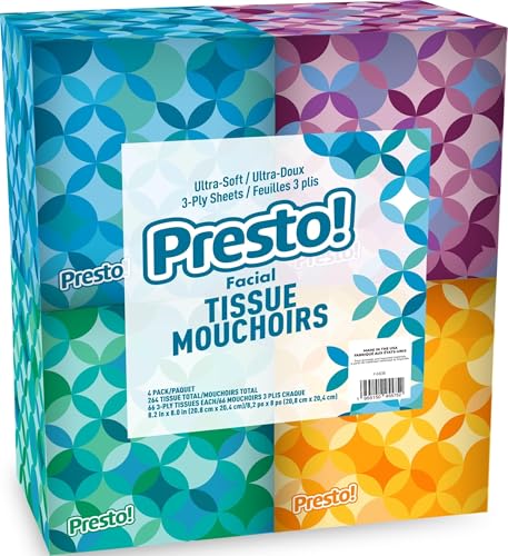 Amazon Brand - Presto! Ultra-Soft 3-Ply Premium Facial Tissues, 264 Count (4 Cube Boxes of 66), Packaging May Vary