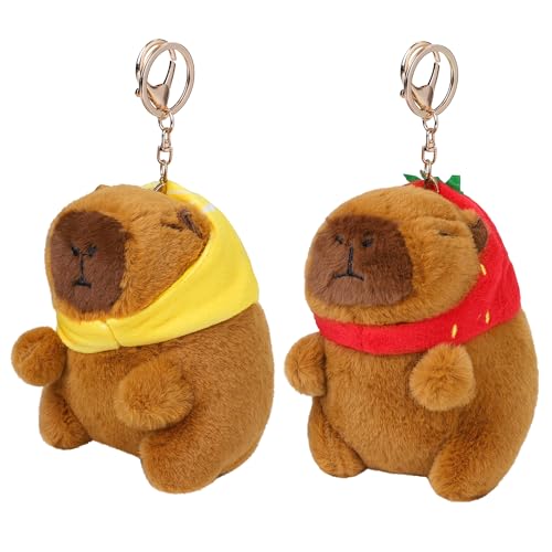 Aodaer 2 Pieces Capybara Plush Keychain, Capybara Stuffed Animals Plush Toy Pendant for Backpack Birthday Gifts Party Favor (Strawberry Hat, Lemon Hat)
