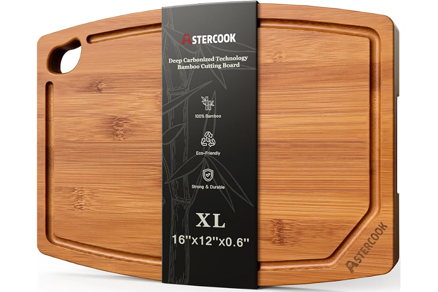 Astercook Large Bamboo Cutting Board, Deep Carbonized Wooden Chopping Board with Juice Groove and Handle, Kitchen Prep & Serving Board for Meat, Vegetables, Bread and Charcuterie