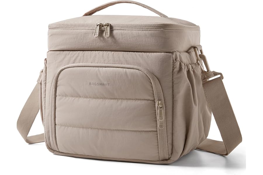 BAGSMART Puffy Insulated Lunch Bag, Lightweight Large 14L Double Deck Camel | Lunch Box for Women, Soft Cooler Tote for Office Work Travel Camping with Stretch Side Pockets Fits 40 oz Bottle