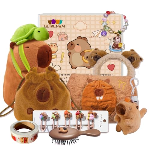 BEIMENWAI Capybara Gifts Box,Cute Capybara Plush Toys with Stuffed Animal/Keychain/Bag/Bath Towel/Hair Pins/Bracelet/Headband, Christmas Birthday Gift Set for Girls 4 5 6 7 8 9 10+ Years Old
