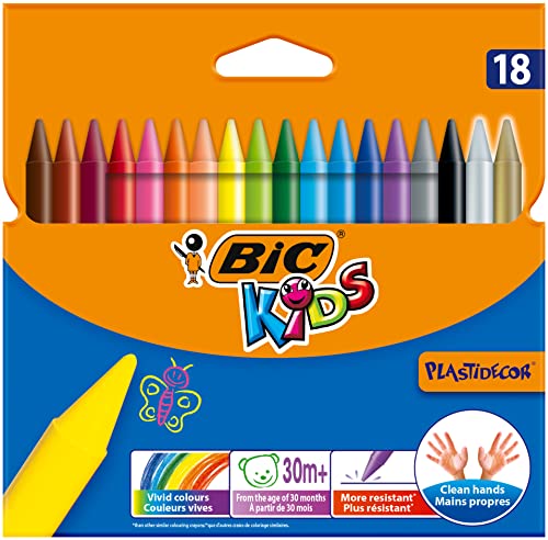 BIC Kids Ceras de Colores para Niños a Partir de 30 Meses, Plastidecor, Colores Surtidos, Clásico, Material Escolar, 18 Unidad (Paquete de 1)