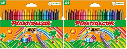 BIC Kids Ceras de Colores para Niños, Óptimo para material escolar,Plastidecor, Colores Vivos Surtidos, Ideal para colorear, 24 Ceras (Paquete de 2)