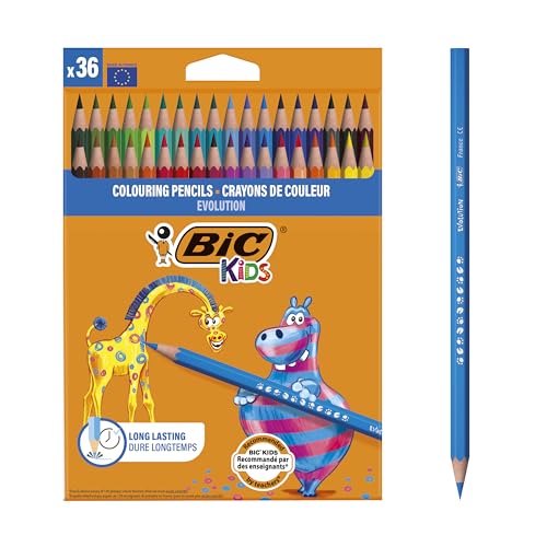 BIC Kids Evolution ECOlutions Crayons de Couleur pour enfants - Couleurs Assorties, Etui Carton de 36