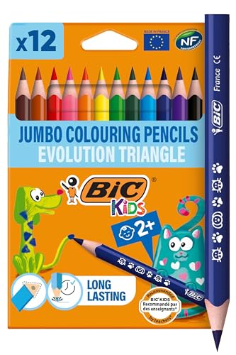 BIC Kids Evolution Triangle ECOlutions Crayons de Couleurs Triangulaires - Couleurs Assorties, Etui Carton de 12