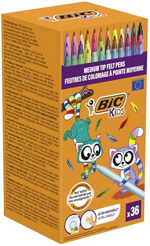 BIC Kids Kid Couleur Feutres de Coloriage à Pointe Moyenne - Couleurs Assorties, Etui Carton de 36