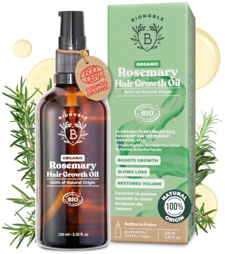 BIONOBLE Rozemarijnolie Bio voor Haar - Stimuleert Haargroei - 100ml | 100% Puur, Natuurlijk - Vegan Rosemary Oil for Hair Growth met Ricinus, Argan - Remt Haaruitval, Voedt - Glazen Fles, Pipet