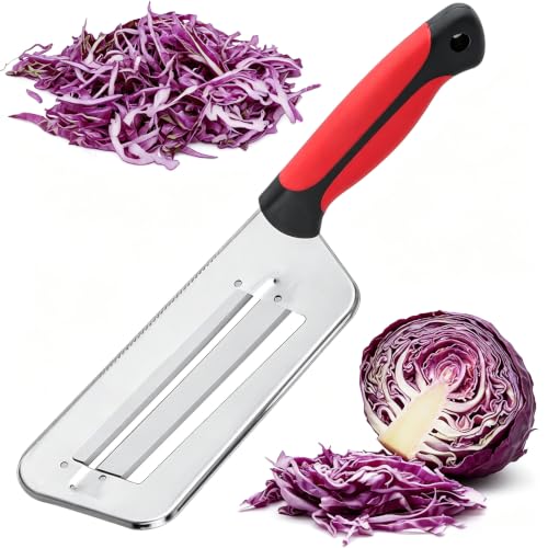 BREEZHAVN Stainless Steel Cabbage Shredder with Non-Slip Handle, Dual Blade Vegetable Fruit Slicer Cutter, Kitchen Prep Tool for Coleslaw Sauerkraut Salad, Red Black