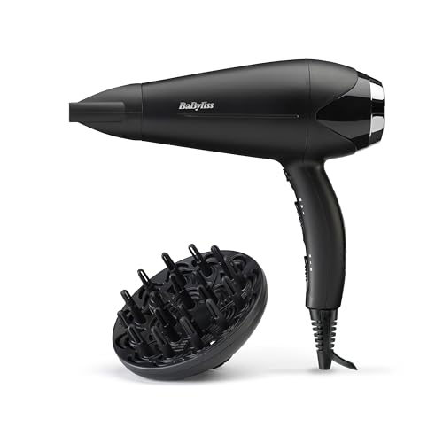 BaByliss Turbo Smooth Föhn - 2200W Krachtige Haardroger, Grote Diffuser, Ionische Pluisvrije Conditioning, 3 Warmte- & 2 Snelheidsinstellingen, Zwart, D572DE