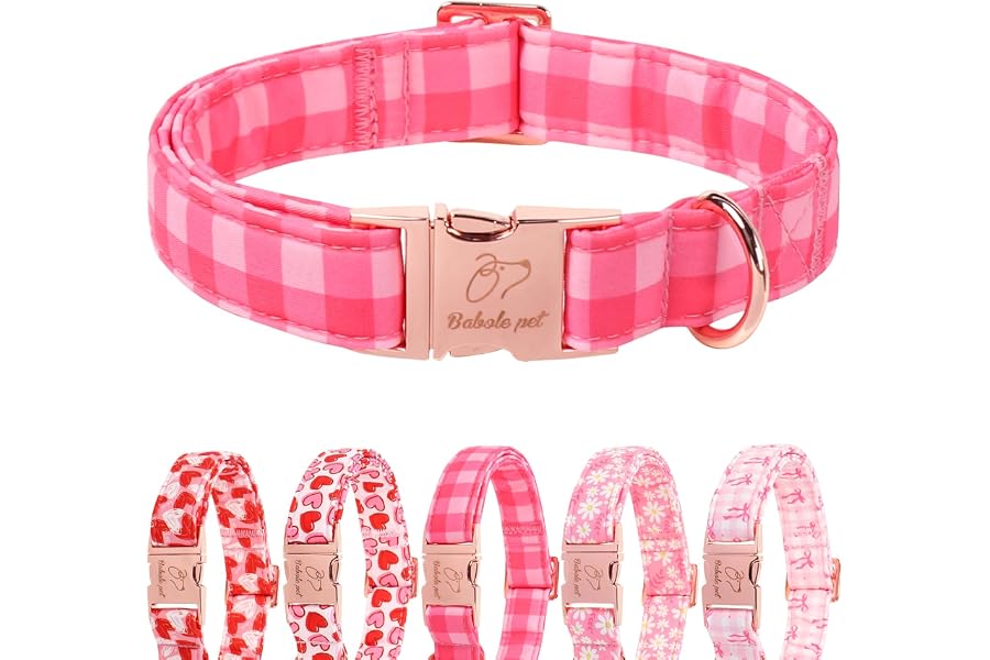 Babole Pet Pink Checkerboard Dog Collar, Classic Girly Plaid Dog Collars, Adjustable Heavy Duty Girl Dogs Collar for Small Medium Large Dogs with Metal Buckle S