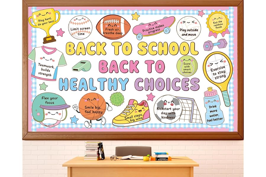 Back to School Health Bulletin Board Set Sports Good Habits Classroom Decoration Motivational Back to Health Choices Paper Cutouts for First Day of School Nurse Office Home Chalkboard Wall Door Decor