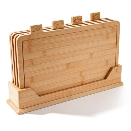 Bamboo Cutting Board Set with Rack 4-Piece Kitchen Chopping Board Organizer, 19.9" x 4.7" x 12.6"