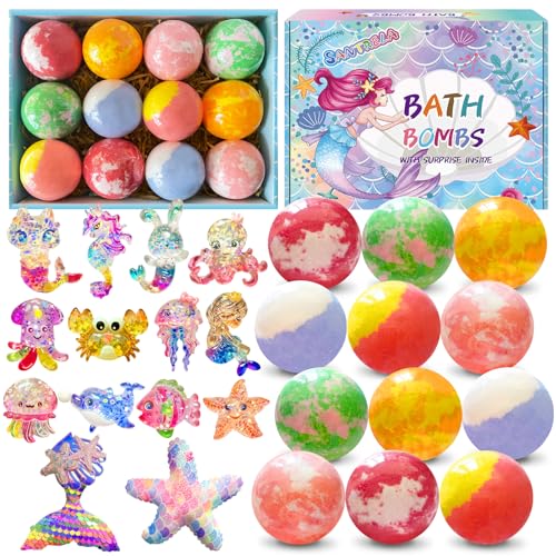 Bath Bombs for Kids with Surprise Inside, 12pcs Kids Bath Bombs with Mermaid Toys Gift Set for Girls, Shea & Coco Butter Dry Skin Moisturize, Birthday Easter Gifts Spa Bath Ball with Bath Toy Fun