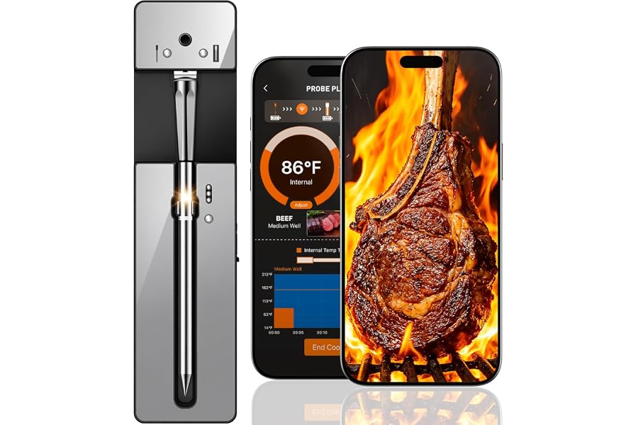 Bluetooth Wireless Meat Thermometer Digital, 0.5S Instant Read | NIST ±0.5°F Food Thermometer,2-in-1 100H Battery Fast Charge Base, APP Control & Custom Menu for BBQ, Grill, Smoker, Oven
