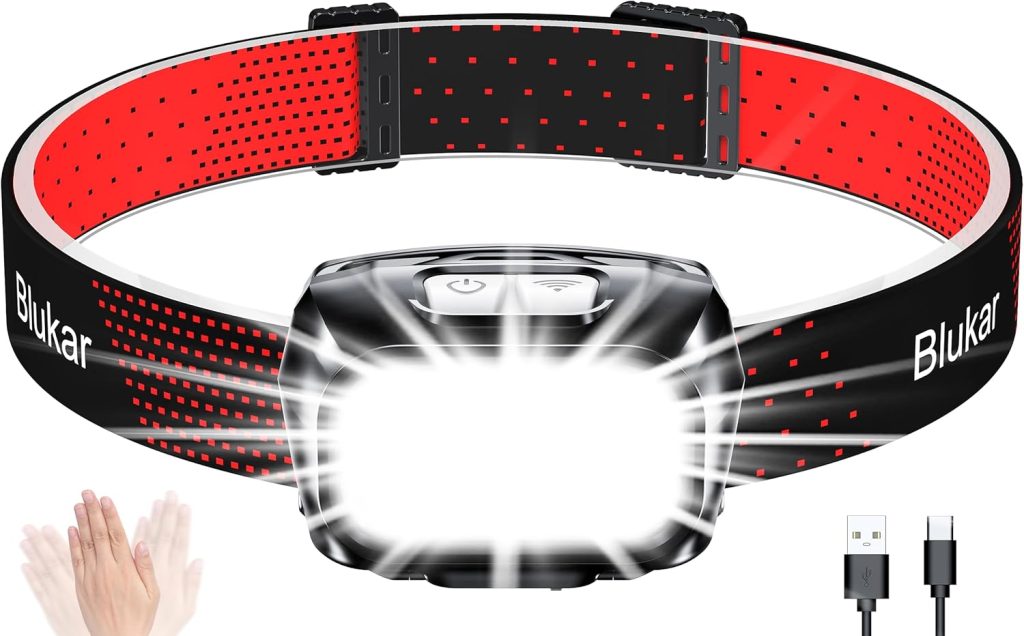 Blukar Lampe Frontale Rechargeable 2000L Super Lumineux Léger LED | Torche Frontale Puissante avec Voyant Rouge,8Modes d'Éclairage,Capteur Mouvement,IPX5 Étanche,30H d'autonomie Camping/Urgence