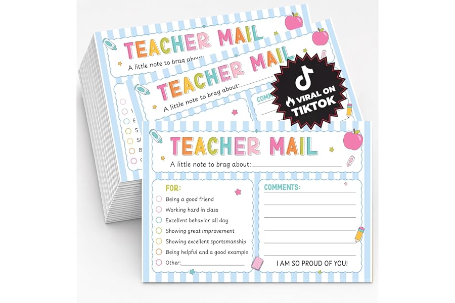 BrightenKidz Teacher Mail Notes to Parents, 50 Pack 4x6 Bold Stripes | Happy Brag Postcards for Students, Classroom Incentives Motivational, Preschool Kindergarten Elementary