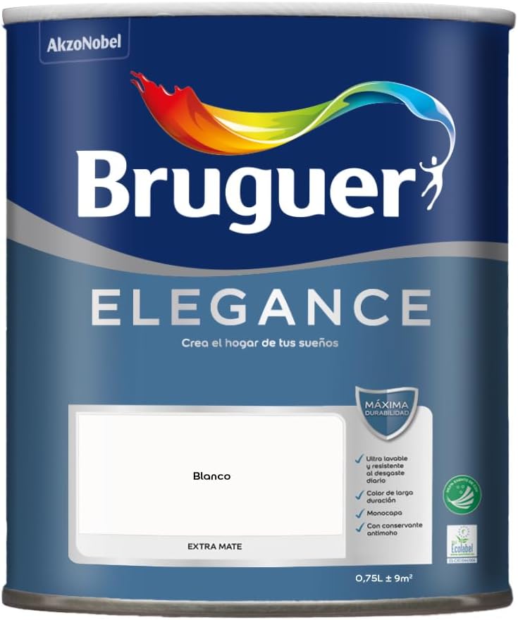 Bruguer ELEGANCE Pintura Monocapa ExtraMate, Paredes y Techos, Interior, Exterior protegido, Alta Durabilidad, UltraLavable, Resistente al Desgaste y Manchas Blanco 750 ml