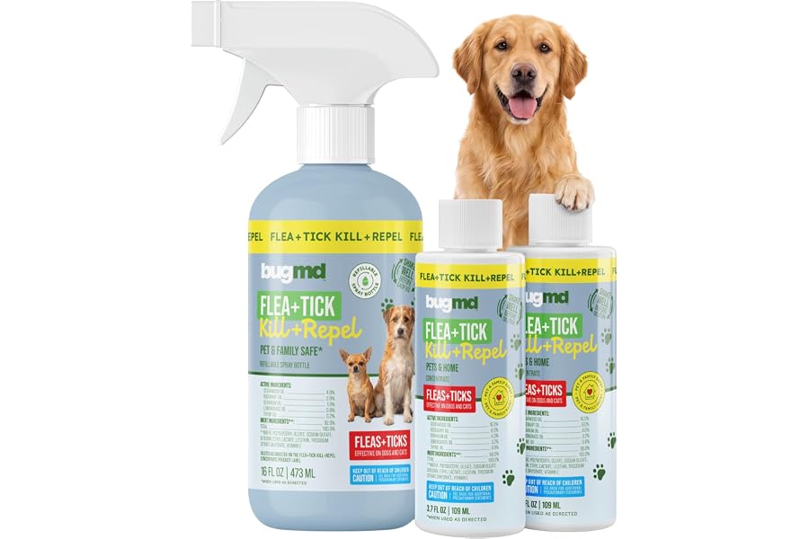 BugMD Flea and Tick Spray for Dogs - Kills & Repels on Contact | Plant-Powered Treatment for Home, Furniture and Carpet - Makes 32 oz | Starter Kit
