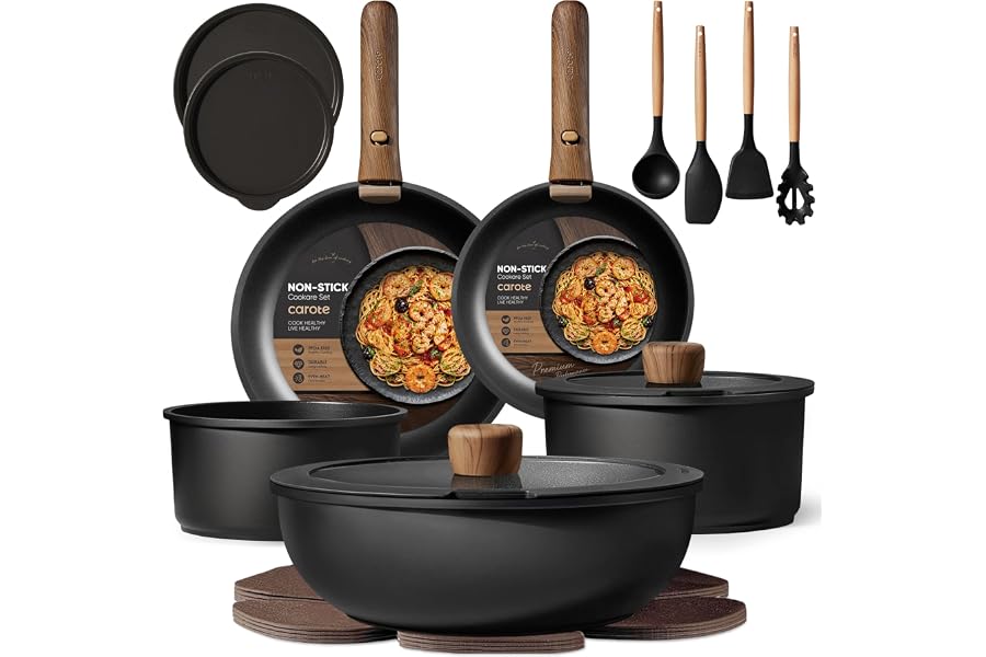 CAROTE 19pcs Pots and Pans Set Non Stick, Detachable Handle Cookware Set | Induction Compatible, Dishwasher & Oven Safe, Space Saving, for Camping/RV/Traveling, Kitchen Cooking Set, Black