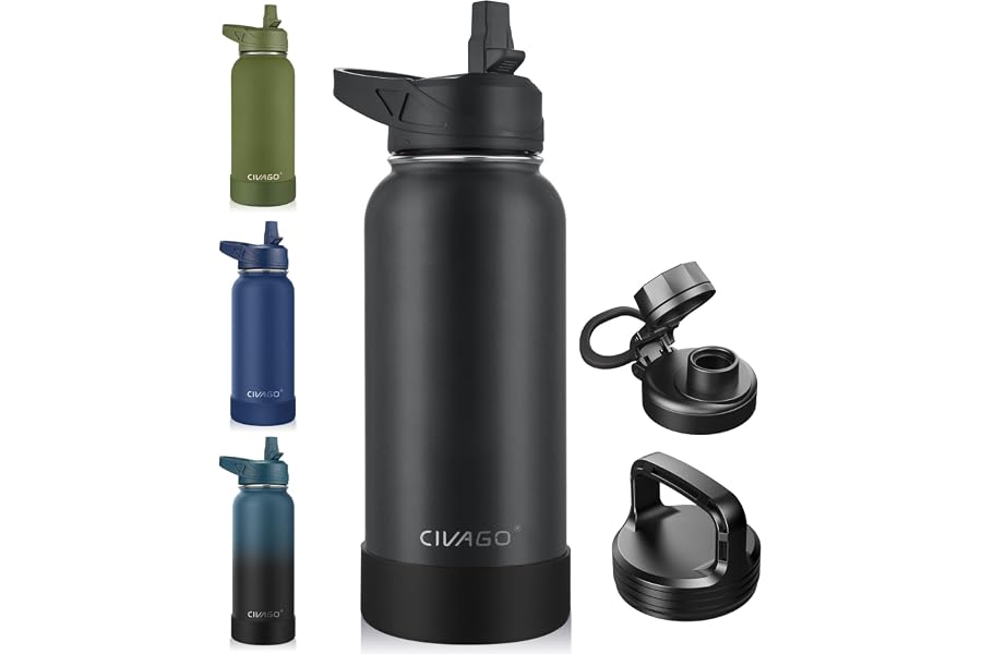 CIVAGO 32 oz Insulated Stainless Steel Water Bottle With Straw and 3 Lids | Large Metal Sports Water Jug, Leakproof Reusable Wide Mouth Thermal Flask Cup with Silicone Boot, BPA-Free, Black