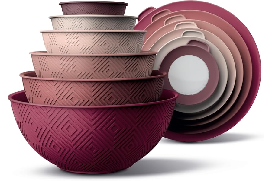 COOK WITH COLOR Mixing Bowls with Lids - 12 Piece Plastic Nesting Bowls Set includes 6 Prep Bowls and 6 Lids, Microwave Safe Mixing Bowl Set, Rose Rhombus