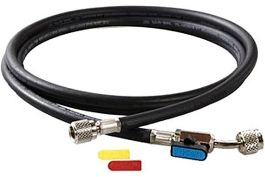 CPS HP5BKEZ 5' Black Premium Charging Hose with Ball Valve | 1/4" SAE, 45° Bend | Durable, Nylon Barrier, Meets SAE J2196 | HVAC/R Use