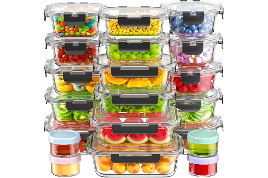 Canfanni 40 Piece Glass Food Storage Containers with Airtight Lids | Borosilicate, BPA-Free, Stackable, Leak-Proof, Meal Prep, Microwave, Dishwasher, Freezer Safe (20 lids & 20 Containers)