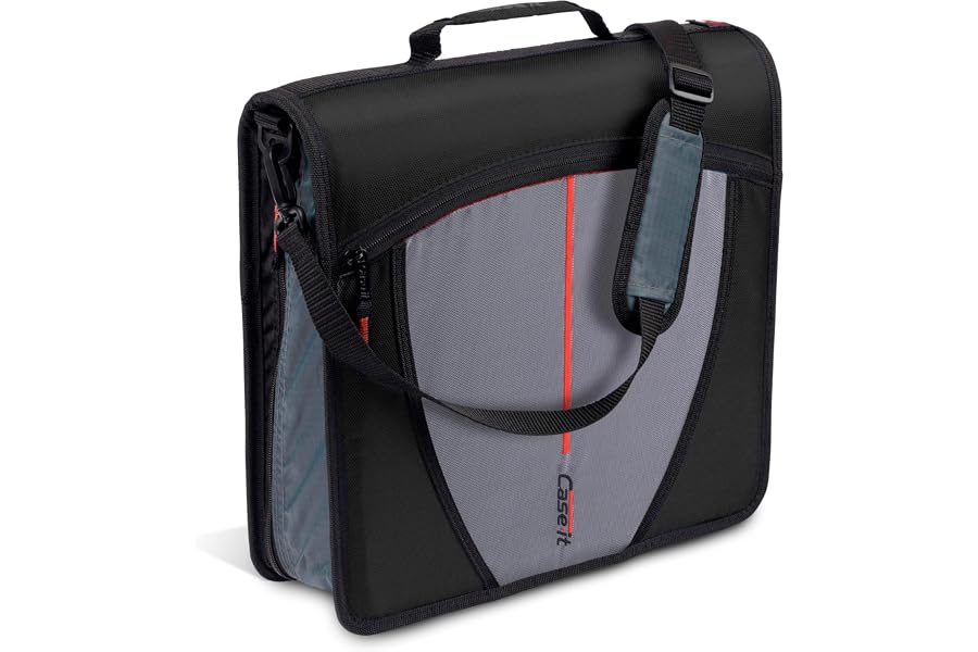 Case-it School Zipper Binder | 3-Inch O-Rings | 600-Sheet | D-146 Jet Black | Mighty Zip Tab, 5-Subject Expanding File Folder, Multiple Pockets, Storage Organizer, Shoulder Strap, Office
