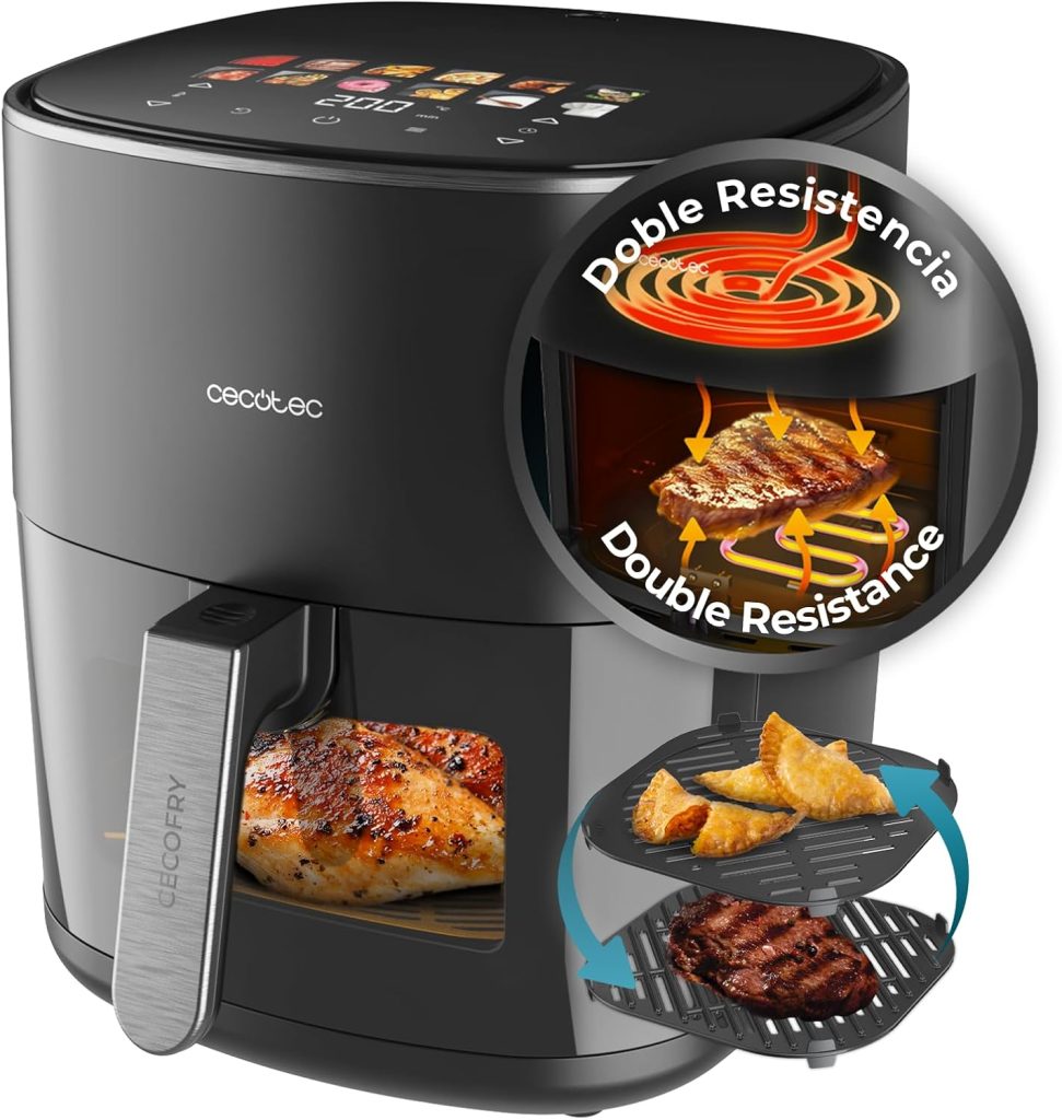 Cecotec Freidora de Aire 6,5 L Cecofry&Grill Duoheat 6500 Grill | Doble Resistencia para Dorado Perfecto, Sabor de Parrilla en Carnes, Potencia de 2200 W, Platos Saludables, Air Fryer, Pizzas
