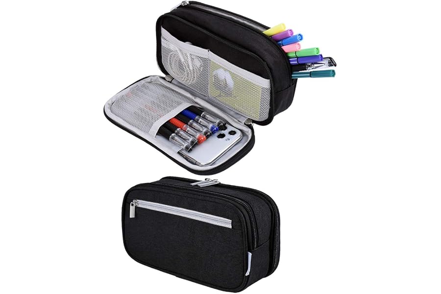 Chelory Big Pencil Case Large Capacity Pencil Bag Pouch 3 Multi Comparments High Storage Pen Holder Marker Holder Portable Office Stationery Organizer Supplies Makeup Cosmetic Bag Men Women (Black)