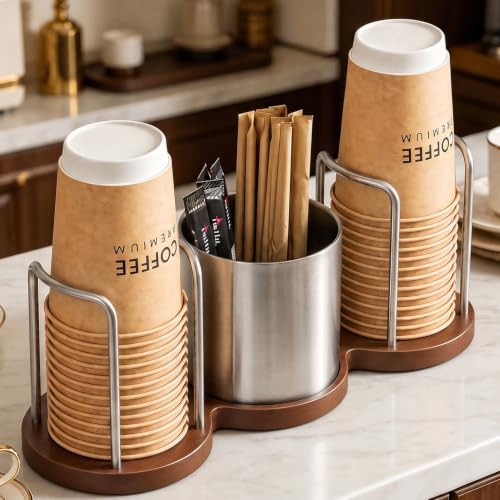 Coffee Cup Holder with Straw & Stirrer Storage Caddy for Cups Lids - Cup Mouth Dia 3.9", Wooden Base Countertop Cup Dispenser Disposable Cup Organizer for Coffee Bar, Office, Home Kitchen, Silver