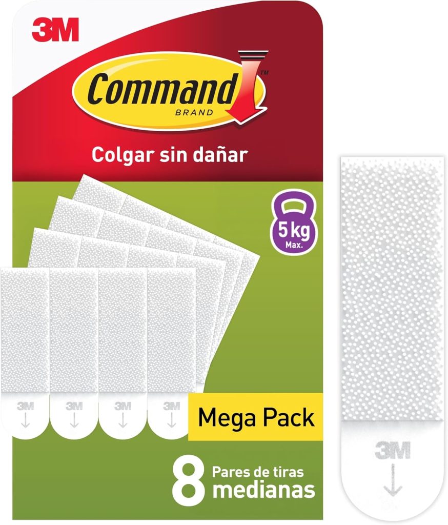 Command Tiras Adhesivas para Colgar Cuadros Medianas, 8 Pares (16 Tiras) Blancas – Para Marcos, Espejos y Adornos – Soporta Hasta 5 kg – Sin Agujeros ni Taladro