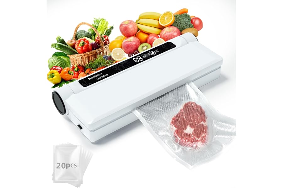 Compact Vacuum Sealer for Food, 75Kpa Food Sealer Machine | 75 Kpa Strong Suction, LED Display, Dual Use for Dry & Wet Foods, with 20 Bags, Ideal for Home Kitchen, White