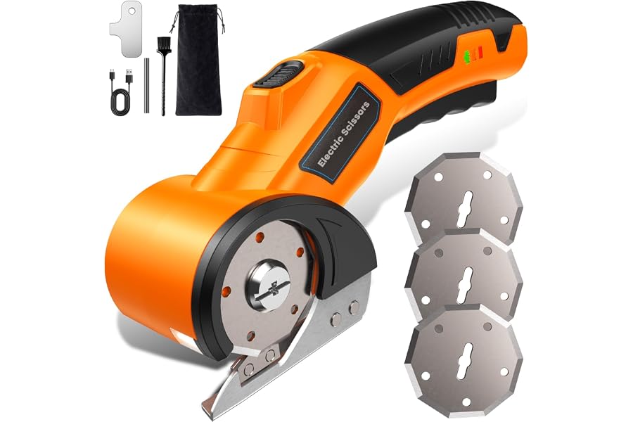 Cordless Electric Scissors with 3 Tungsten Steel Blades, 2500mAh Battery, LED Light, High-Torque Motor, Cardboard Cutter for Fabric, Cardboard, Leather, Carpet, Wire Rope Cutters (Coral Orange)