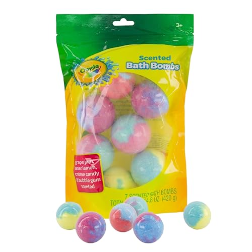 Crayola Scented Bath Bombs for Kids (7 Count), Non-Toxic, Stain Free, Multi-Colored Fizzy Bath Bombs with Grape, Lemon, Cotton Candy & Bubblegum Scents